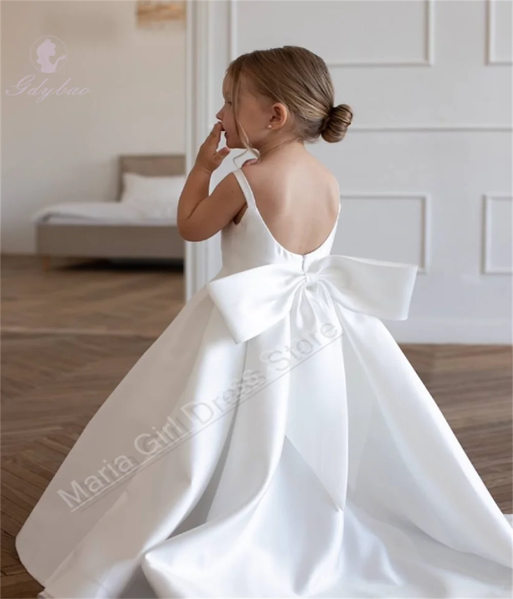 White New Cute Baby Girl Dress Birthday Puffy Satin Bow Trailing First Communion Party Bridesmaid Evening Dress
