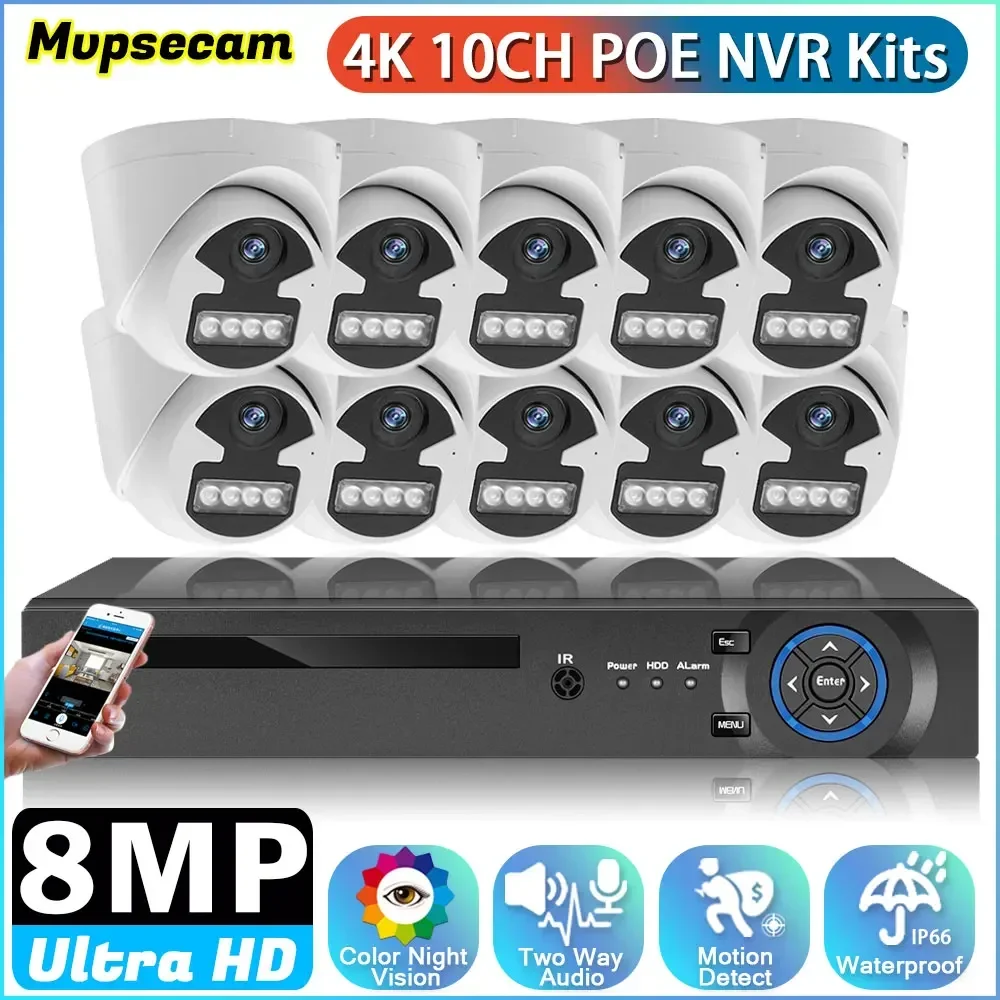 4K POE IP Dome Camera 10CH 8MP HD NVR Surveillance System Kit Full Color Night Vision Motion Detection Security CCTV Camera Set