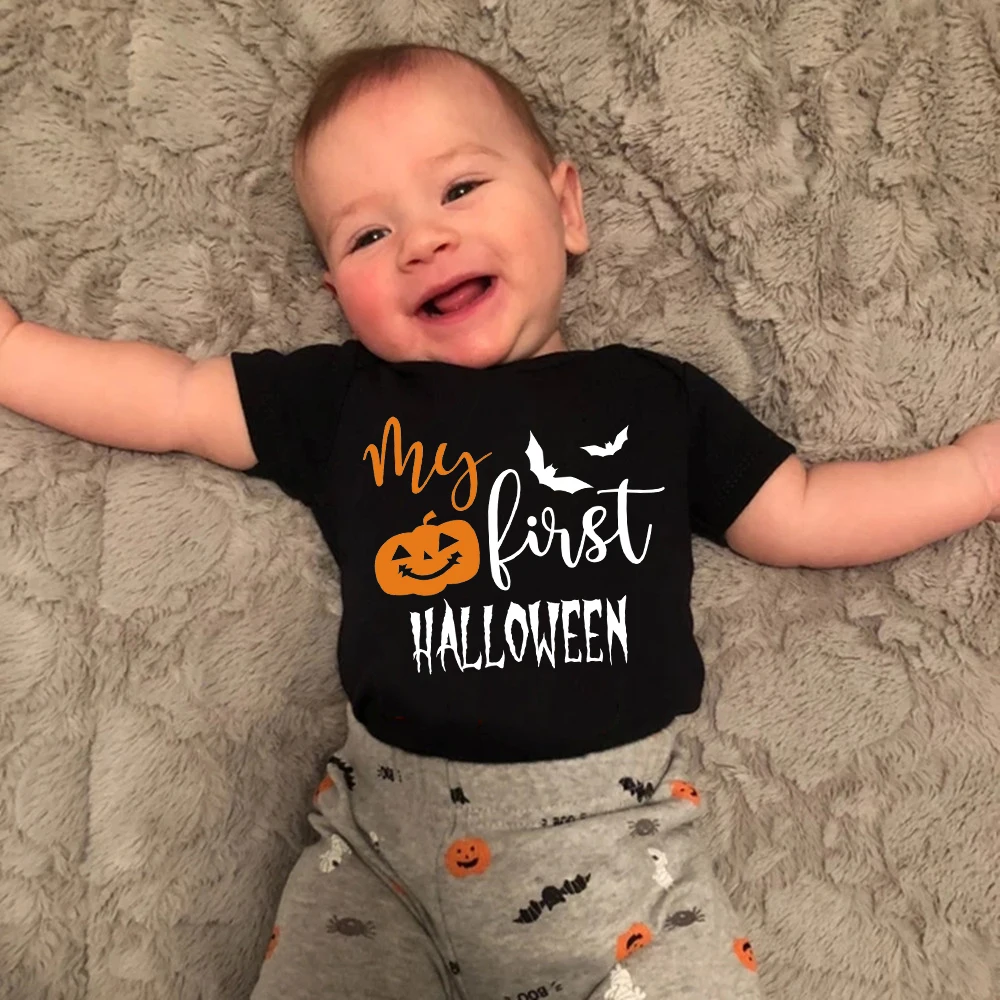 My First Halloween Infant Romper Pumpkin Ghost Bat Print Baby Short Sleeve Bodysuit Newborn Halloween Costume
