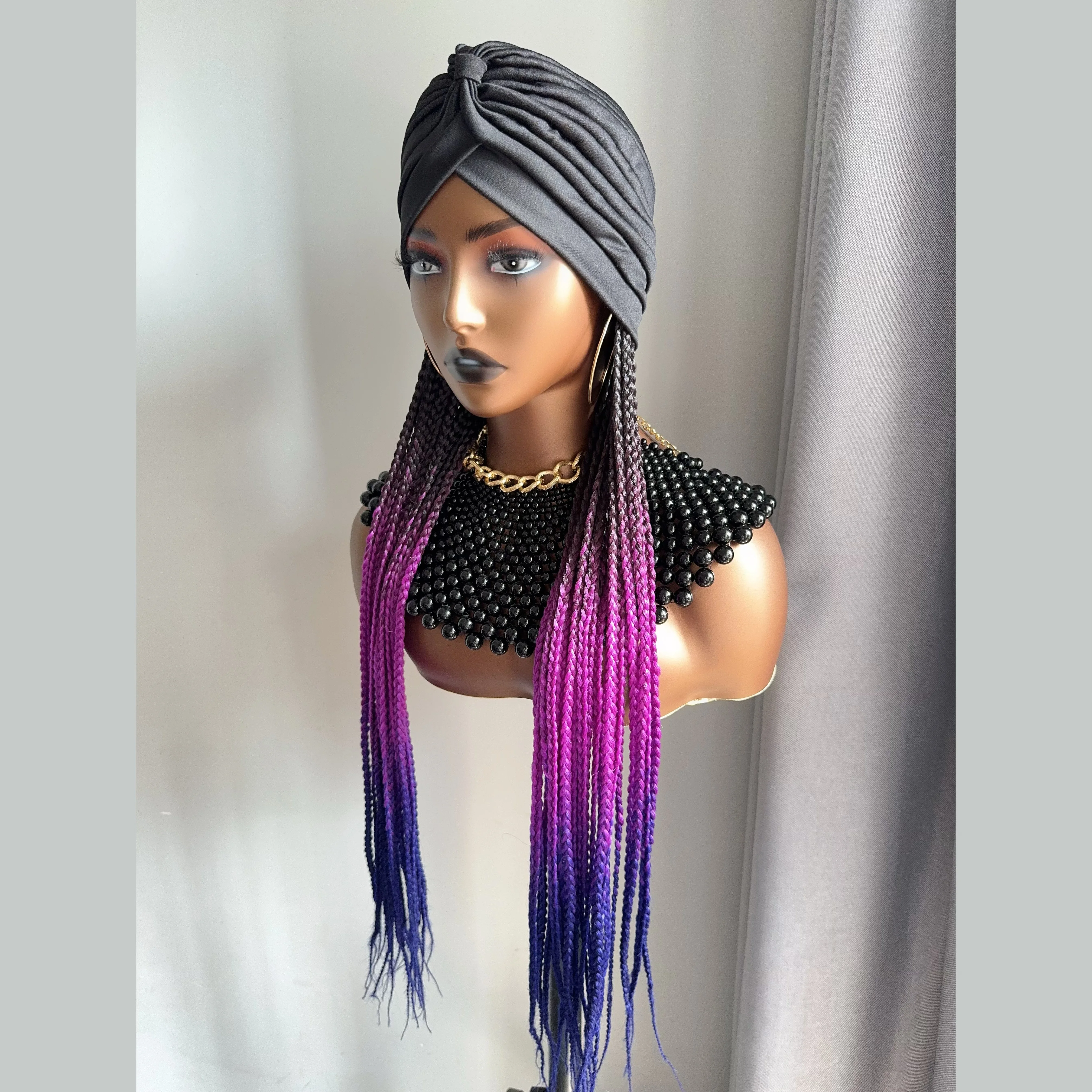 Long 24Inch Ombre Black Purple Lavender Box Braided Synthetic Head Wraps Headband With Turban Cap Braiding Hair Extensions Wigs