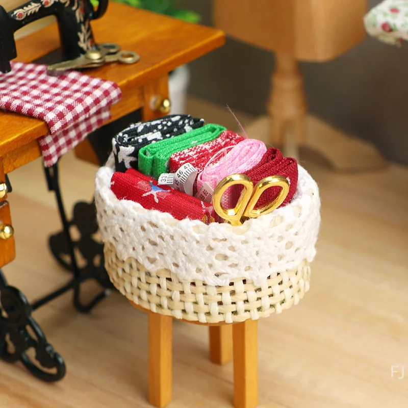 

1/12 Scale Dollhouse Miniature Sewing Kit: Tool Basket, Scissors, Cloth, Ruler for Scene Decor