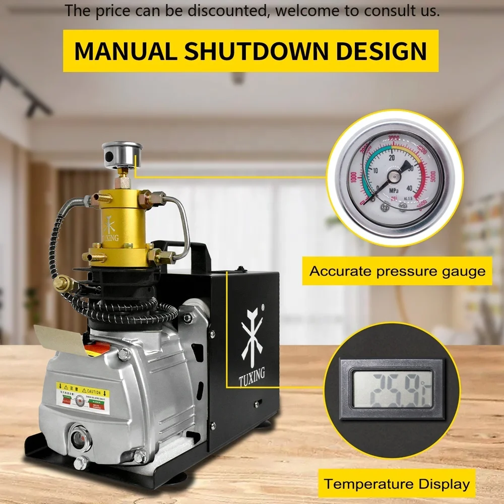

TUXING High Pressure Electric 110V 220V Single Cylinder Scuba Diving Tank Filling 4500psi 300bar 30mpa PCP Air Compressor