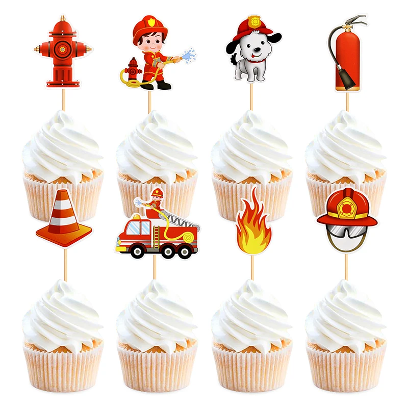 Traffic Fire Truck Cake Topper Happy Birthday Firefighter Wedding Kid Party Cupcake Toppers Baby Shower Baking Dessert DIY Decor