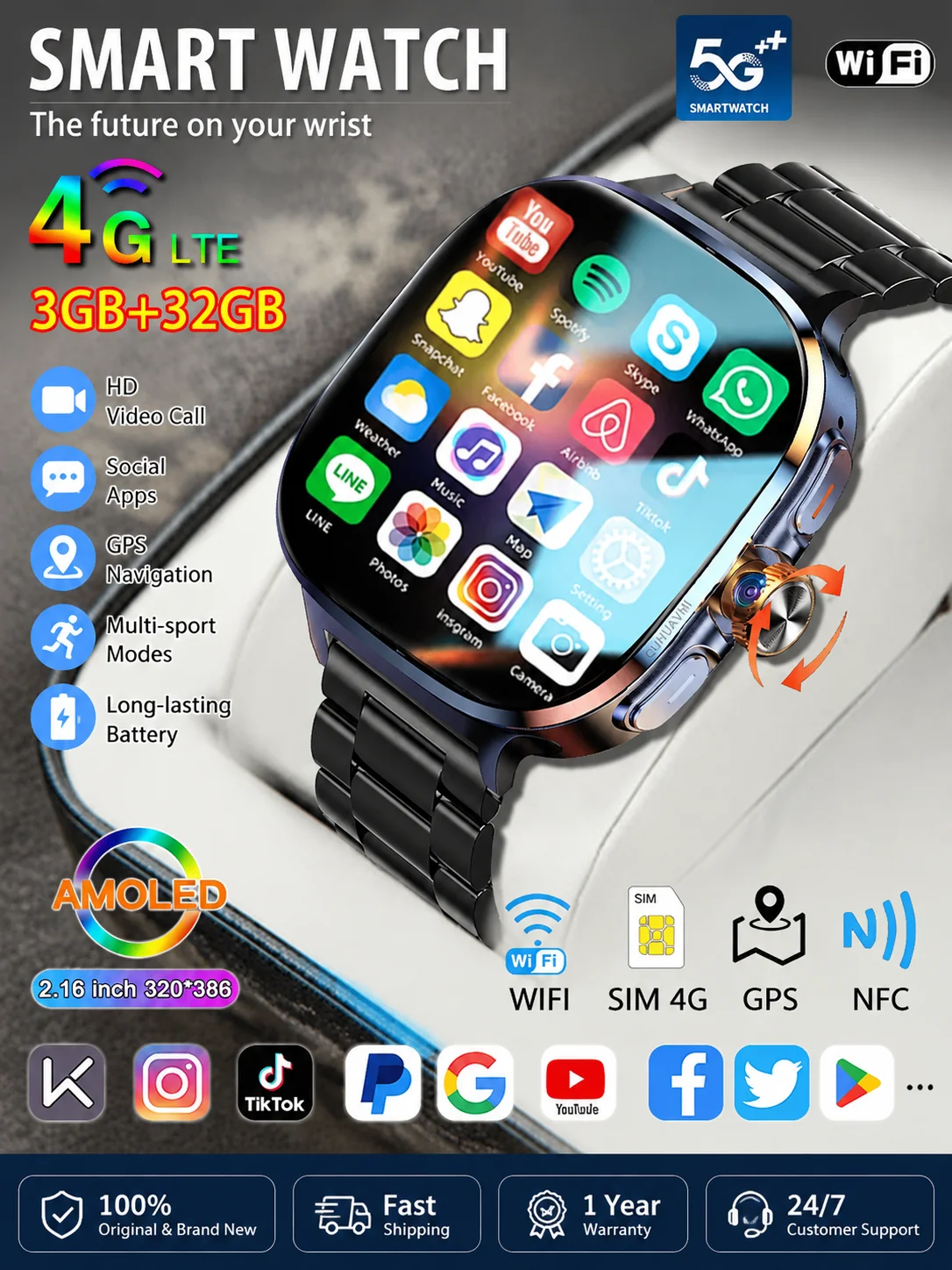 Neue 4G 5G Full Netcom Smartwatch mit 2,4 Zoll AMOLED-Bildschirm, SIM-Karten-Slot, GPS und WLAN 190 °   Drehbare Kamera-Spiel-Smartwatch für Android