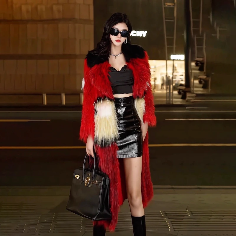 YOLANFAIRY 秋冬 輸入フォックスファー カラーブロッキング ファーメッシュ レッドカバー 通勤スタイル ロングオーバーコート 女性用コート 2025