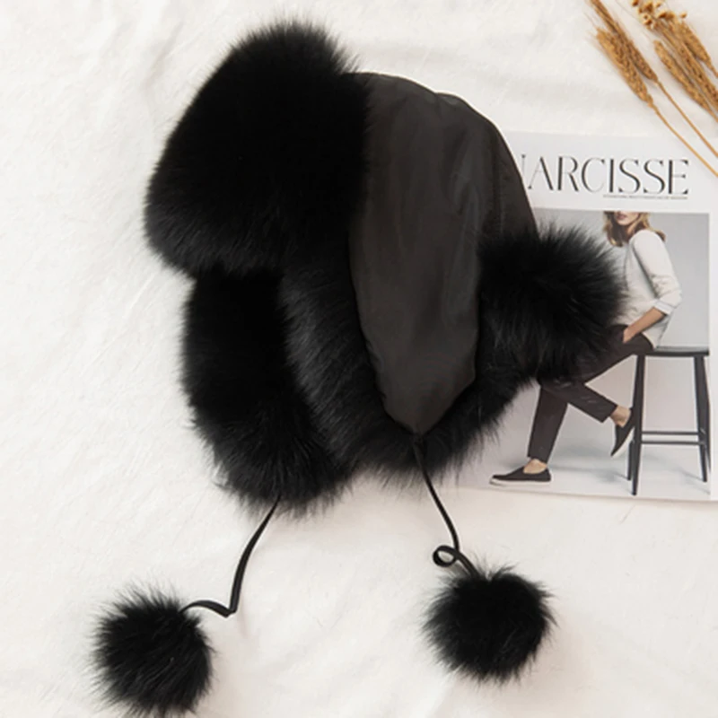 Lady Real Russia Hot Winter Fashion Cappello in pelle di pelliccia di volpe di procione naturale caldo da donna
