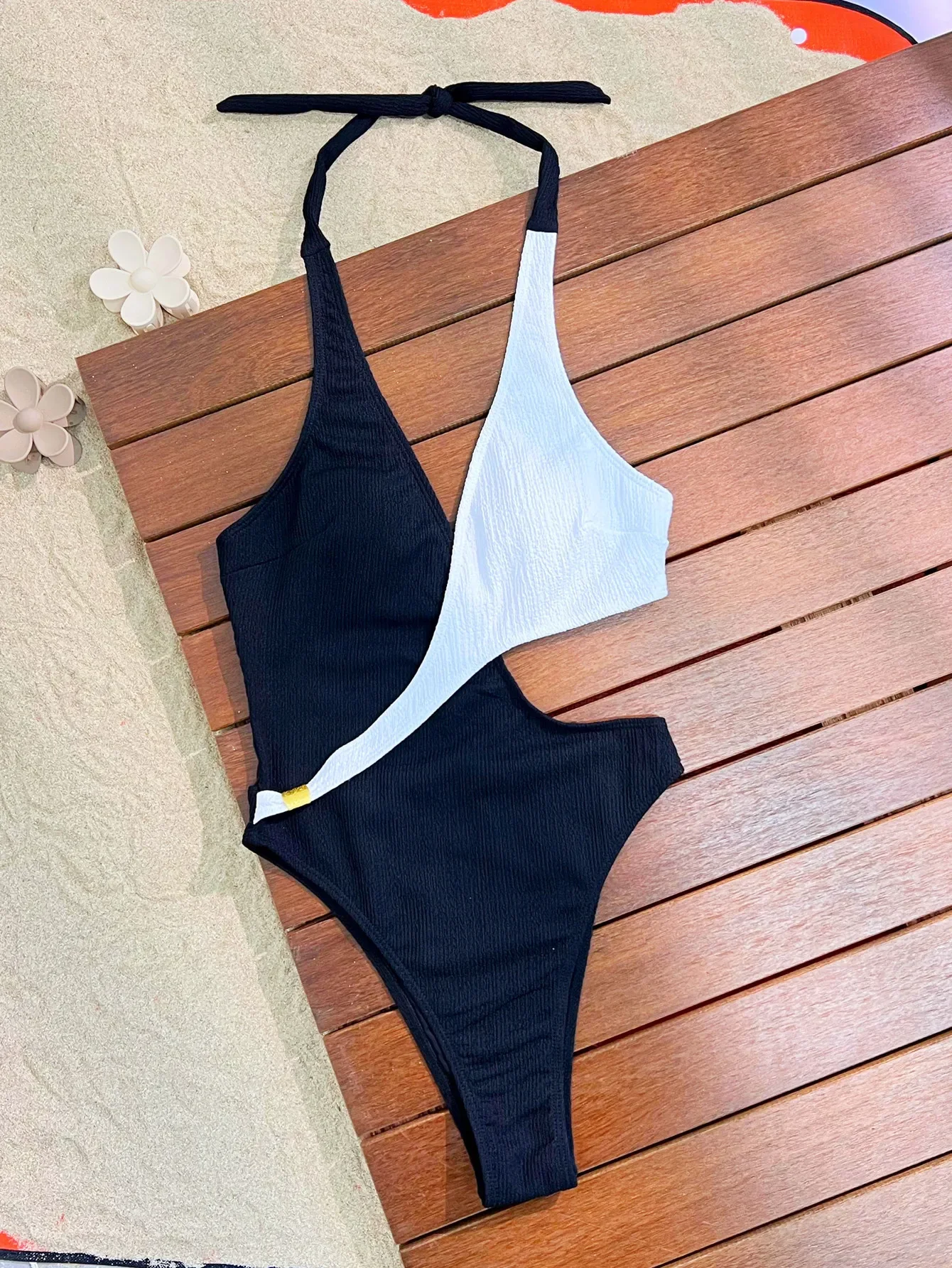 Sexy Splicing One Piece Bathing Suit For Women Cross Halter Swimwear Patchwork Swimsuit High Cut Out Monokini Bodysuit Beachwear