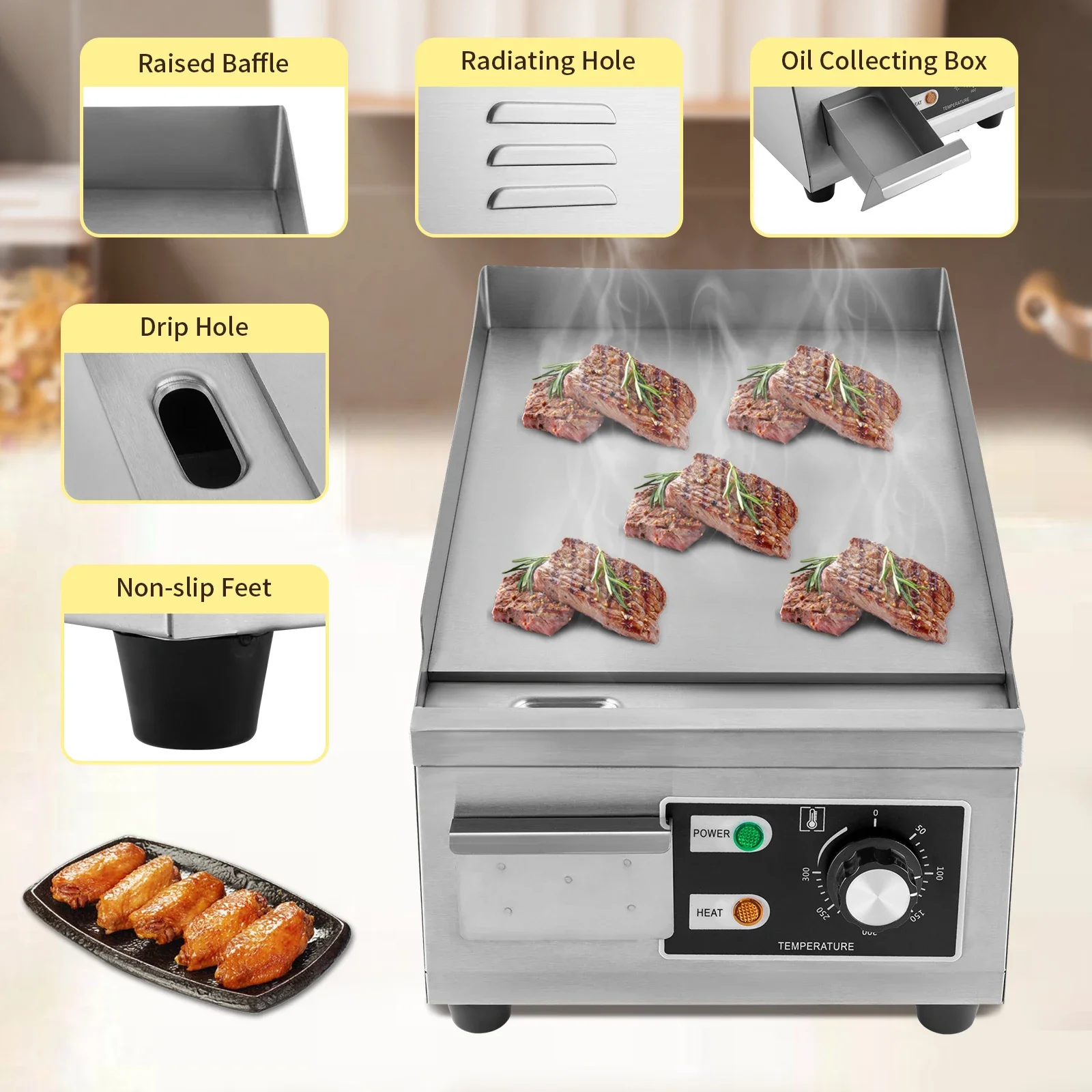 1300W Electric Countertop Griddle with Cast Iron Plate, Precise Thermostatic Control, for Pancakes, Steak, Commercial & Home Use