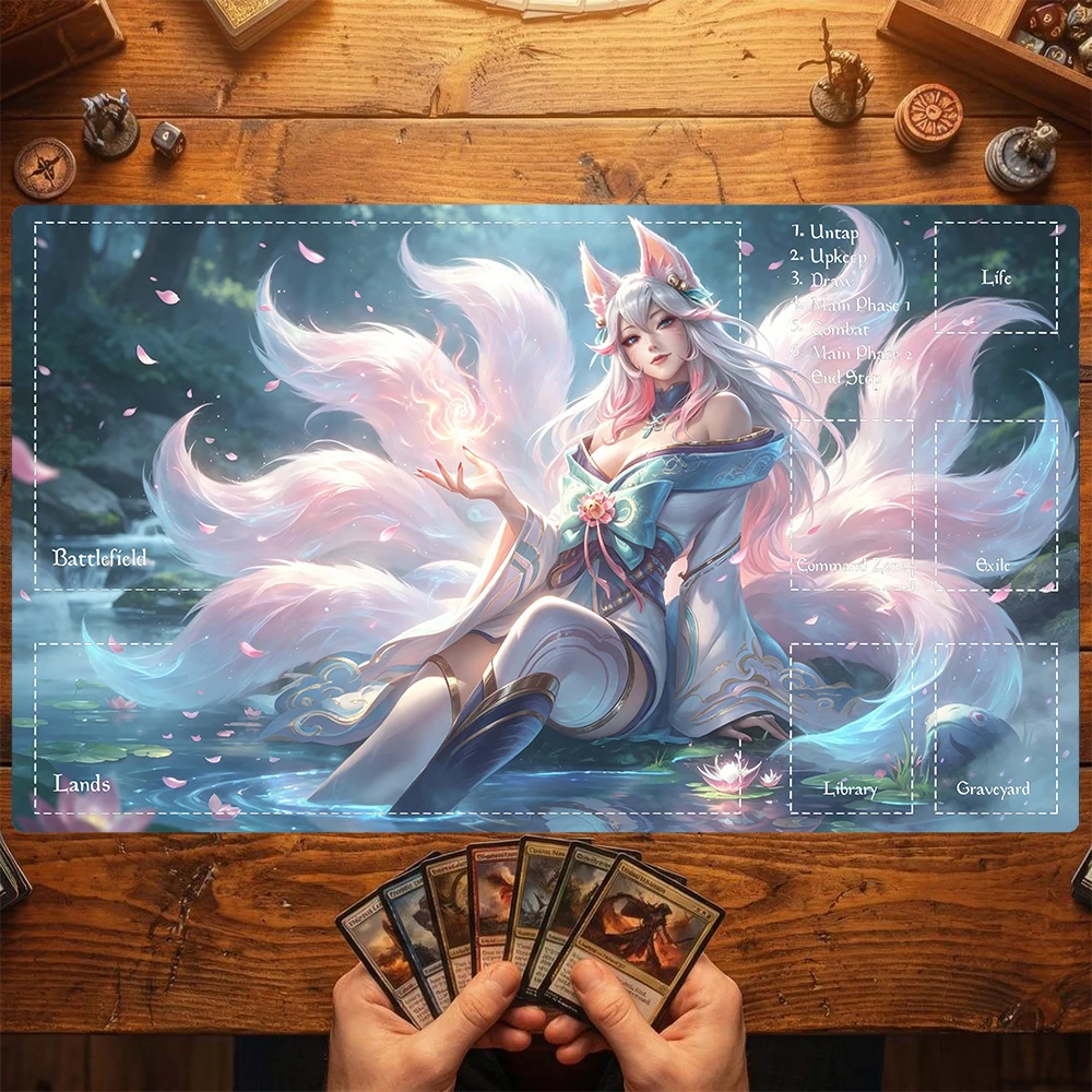 Mystical Nine‑Tailed Fox TCG Playmat 35X60CM Sakura Lotus Forest Battle Mat Non‑Slip Durable Stitched Edge Tabletop Playmat