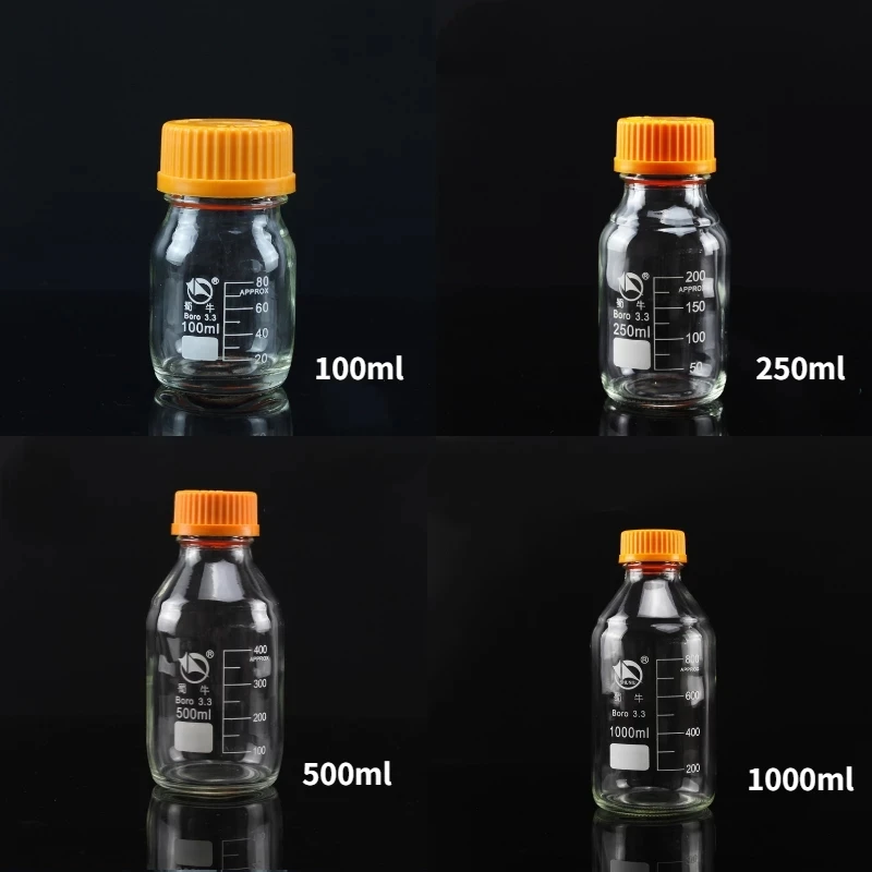 100ml 250ml 500ml 1000ml High Borosilicate 3.3 Laboratory Glass Threaded Reagent Sample Screw Yellow Cap Refillable Bottle