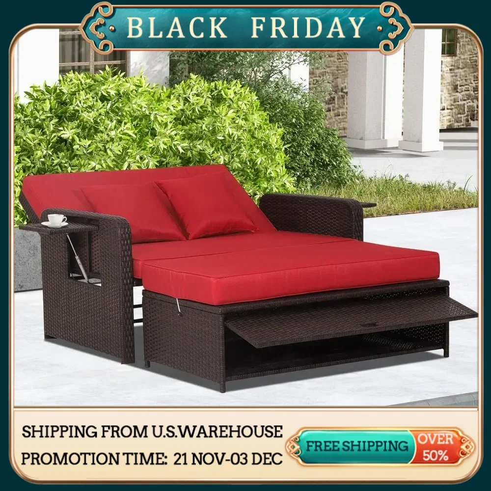 Wicker Patio Outdoor Daybed-Rattan Day Bed Lounger with Loveseat & Storage Ottoman,Sunbed Sofa Set W/Cushions,4-Level Adjustable