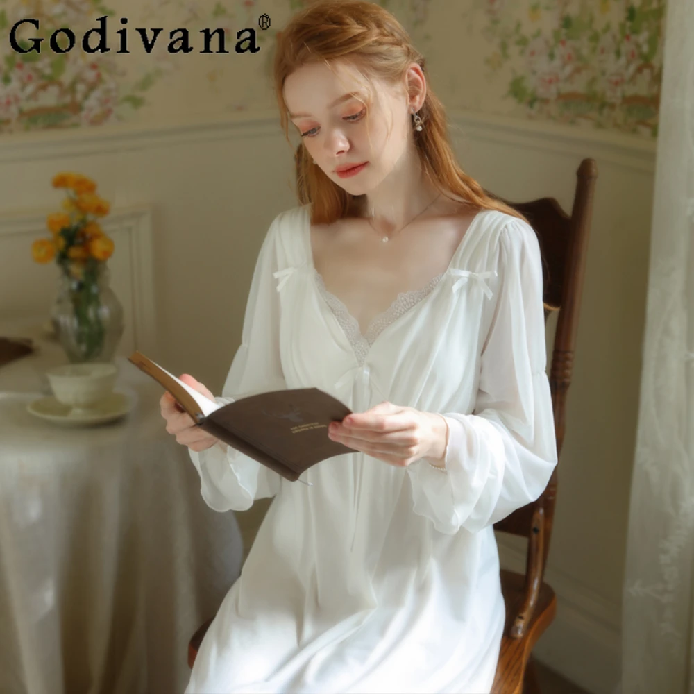 

Women's Pajamas Lace Court Style Princess Home Wear Sweet Sleepwear Outside Long-sleeved Cotton Nightgown Women's