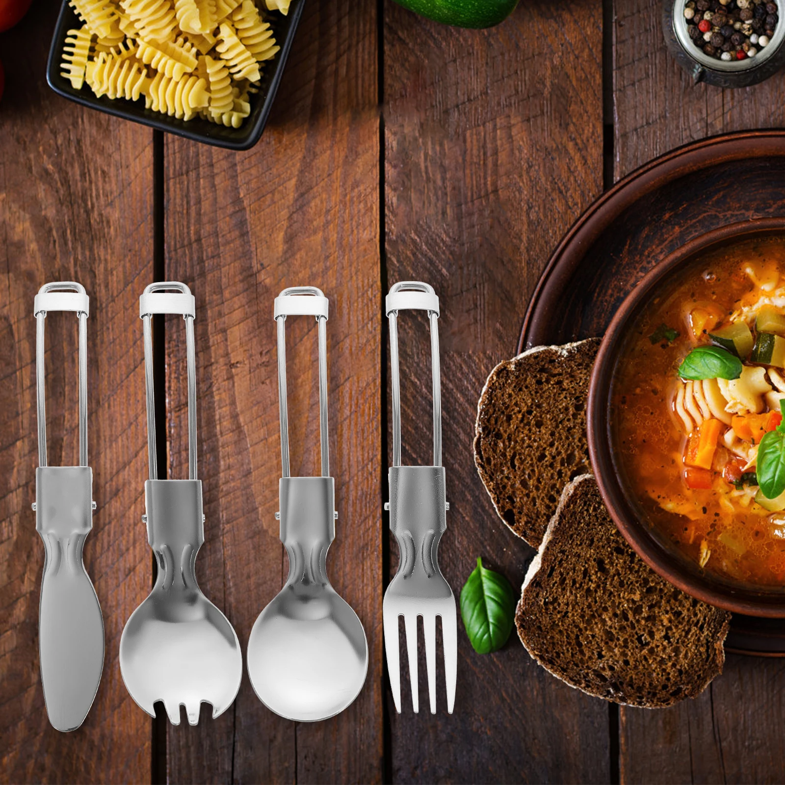 

Folding Tableware Set Kitchen Cutlery Travel Silverware Serving Utensils Fork Stainless Steel Portable Personal Bag Spoon