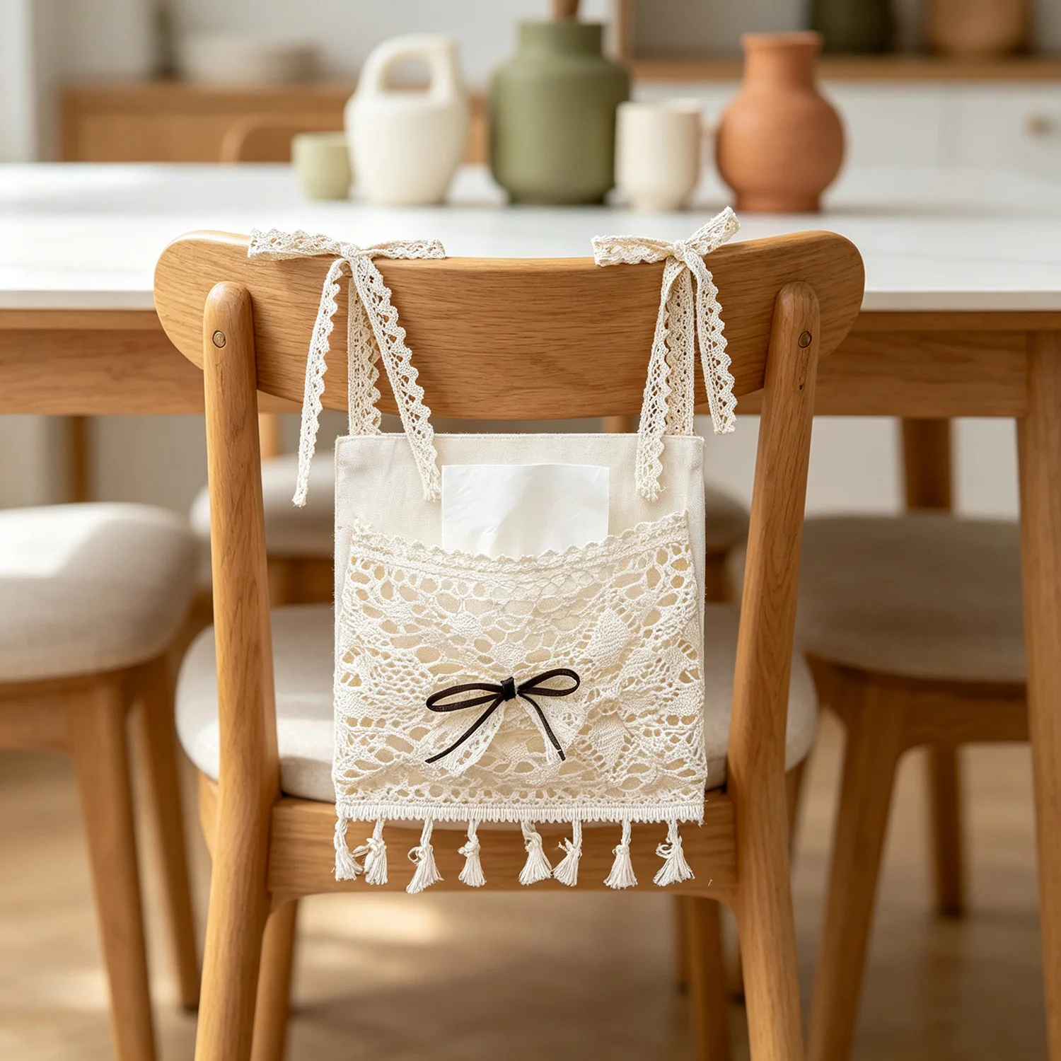 Vintage Hollow Lace Curtain Storage Bag Tassel Bow Hanging Organizer Decor Small Curtain for Oven Chair Crib Car Seat
