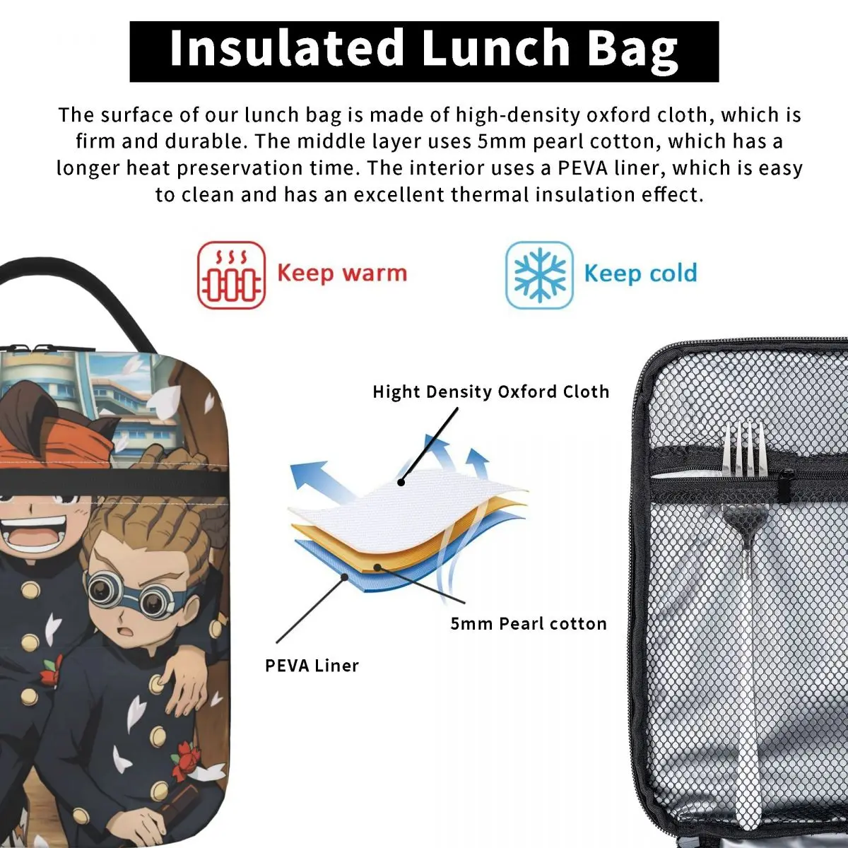 Inazuma Eleven Manga Isolierte Lunchtasche, Kühltasche, wiederverwendbar   Mahlzeitenbehälter, tragbare Tragetasche, Lunchbox, Mädchen, Jungen, College-Picknick