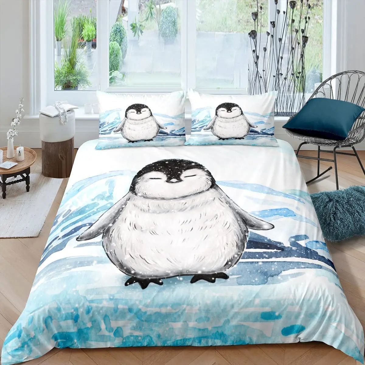 

Penguin Comforter Cover Kawaii Animal Print Black White Little Penguin Duvet Cover Blue Iceberg Antarctica Winter Bedding Set