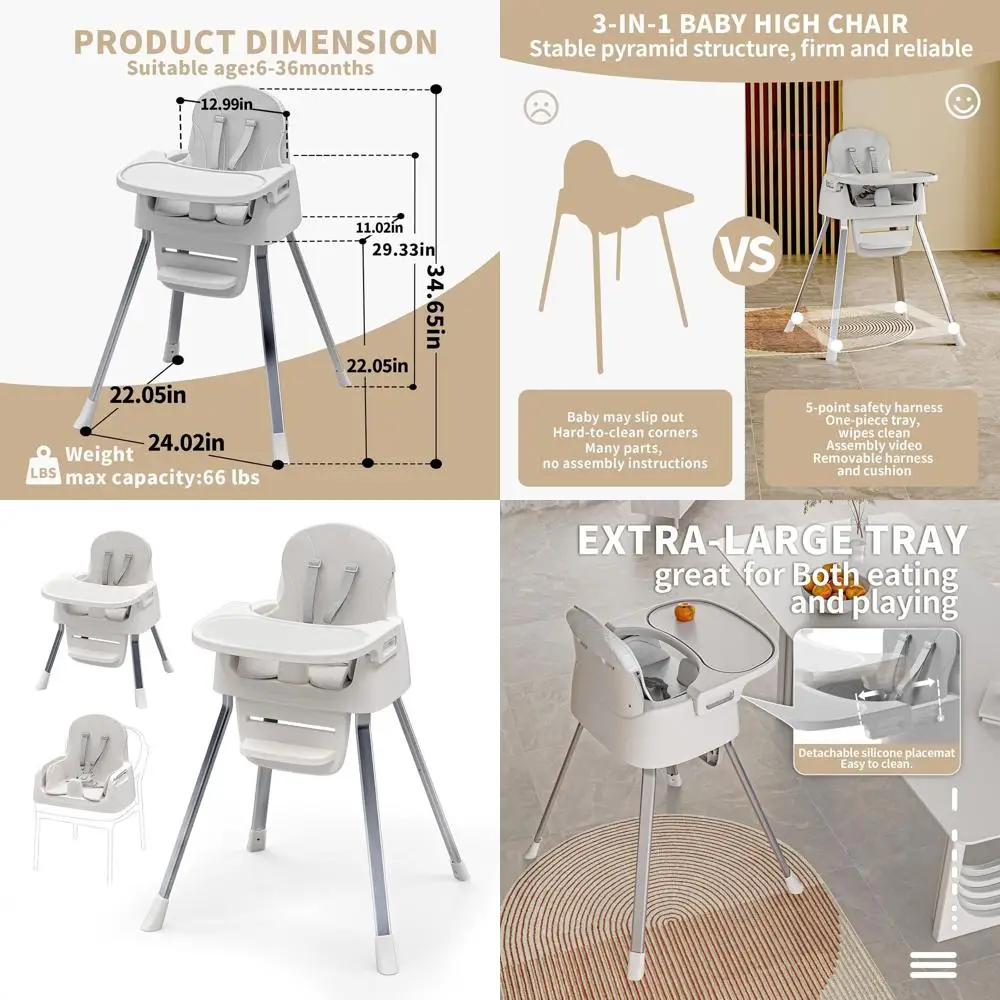 

Portable High Chair for Infants & Toddlers with 5-Point Harness, Convertible Comfortable Seat, and Cozy Eating Table
