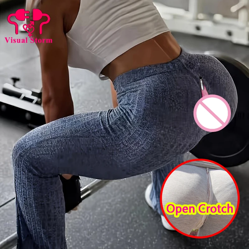 Woman Open Crotch Leggings with Hidden Zippers Panties Blue Dark Open-Seats Capris Crotchless Panties Big Ass Pants Outdoor Sex