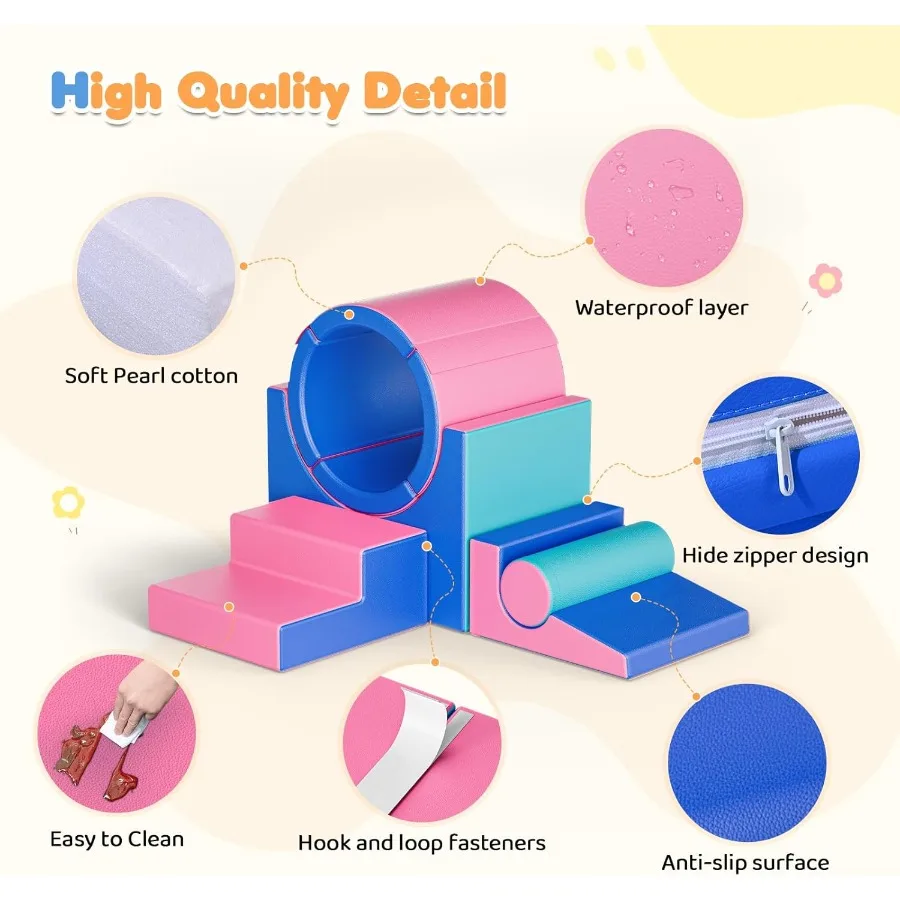 كتل تسلق إسفنجية للأطفال الصغار من 1 إلى 3 سنوات، مجموعة لعب ناعمة مكونة من 5 قطع مع ألعاب استكشاف الزحف على شكل نفق، كتل آمنة للرضع في الأماكن المغلقة لـ B