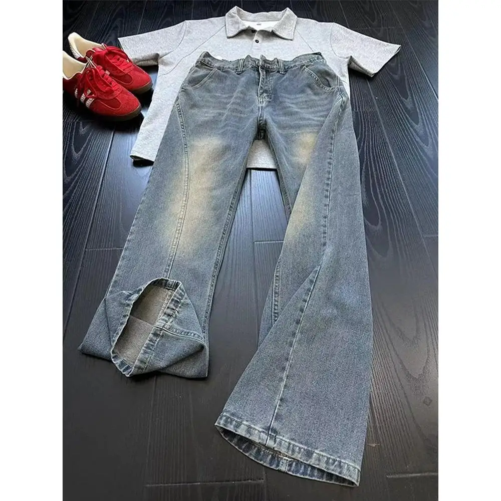 

Мужские джинсы в стиле ретро, американские, синие, прямого кроя, с эффектом потертости, слегка расклешенные, молодежные, модные, из смесового хлопка и полиэстера