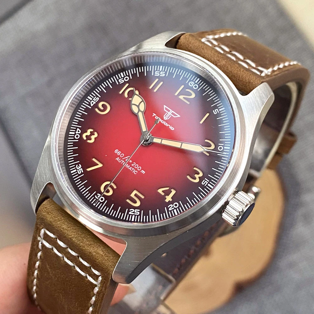 NH35 PT5000 Tandorio Dive Khaki Field Pilot Mechanical Watches for Men 200M Waterproof Polish Bezel Snake Hand Sunburst Red 39mm