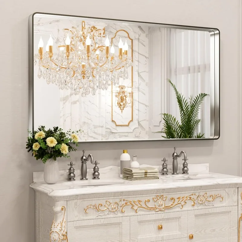 Specchio da bagno in nichel spazzolato 60X36 pollici, specchio con struttura in metallo argentato rettangolare arrotondato, nichel spazzolato, antiruggine, infrangibile