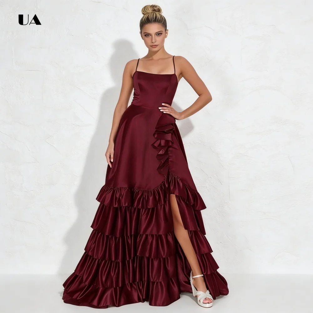 Vestido de baile de cetim com babados em camadas e alças finas, vestidos de noite com fenda sólida para mulheres, vestido de festa drapeado personalizado