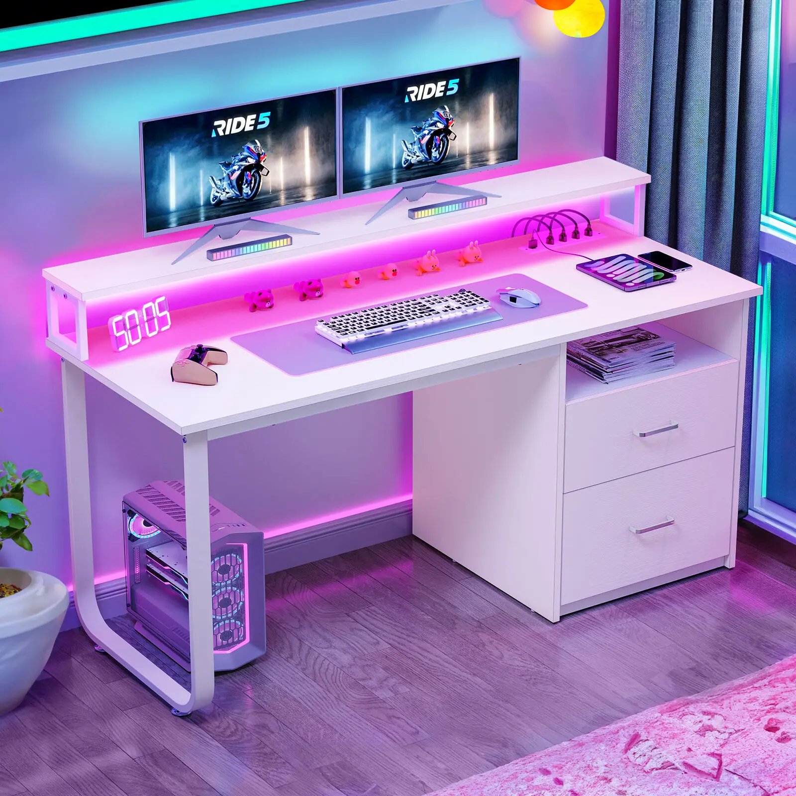 55" Computer Desk with Power Outlets & LED Lights Home Office Desk Writing Table