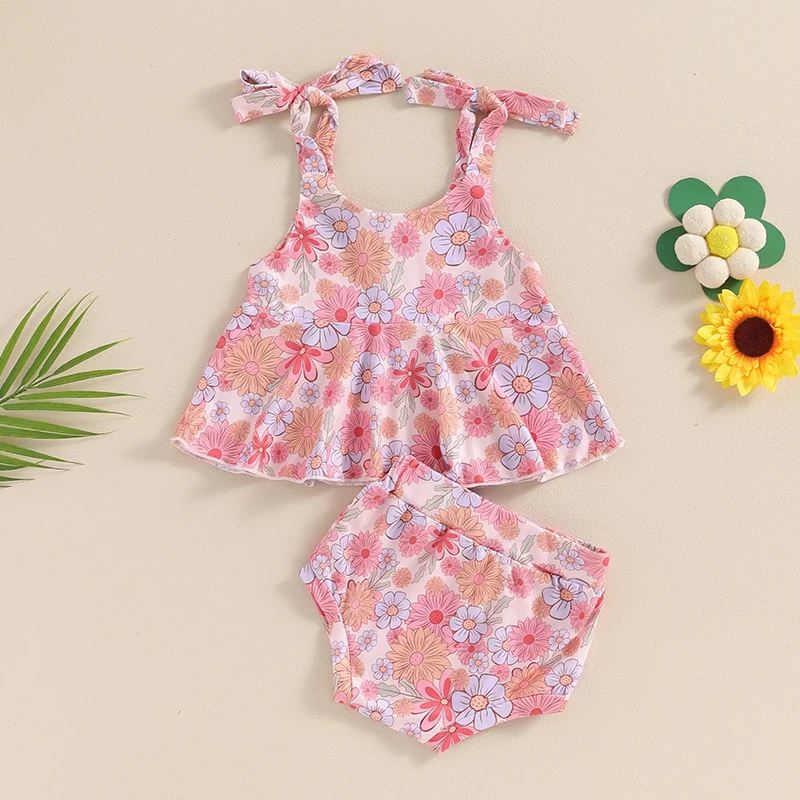 Baby Girls Summer Outfits Floral Print Bandage Straps Camisole and Elastic Shorts 2 Pieces Set Fashion Cute Clothes