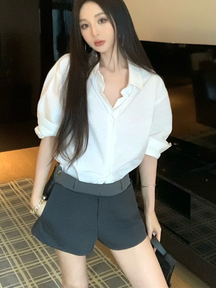 Alien Kitty 레트로 슬림 셔츠 여성 미니멀리스트 Office 레이디 하이 웨이스트 스트리트웨어 반바지 Daily All Match Fashion New Summer