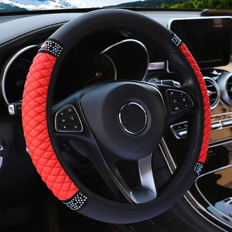 Universeller Auto-Lenkradbezug, 37–38 cm, Leder, bestickt, mit Diamanten besetzt, elastisch, für vier Jahreszeiten – Detail 4