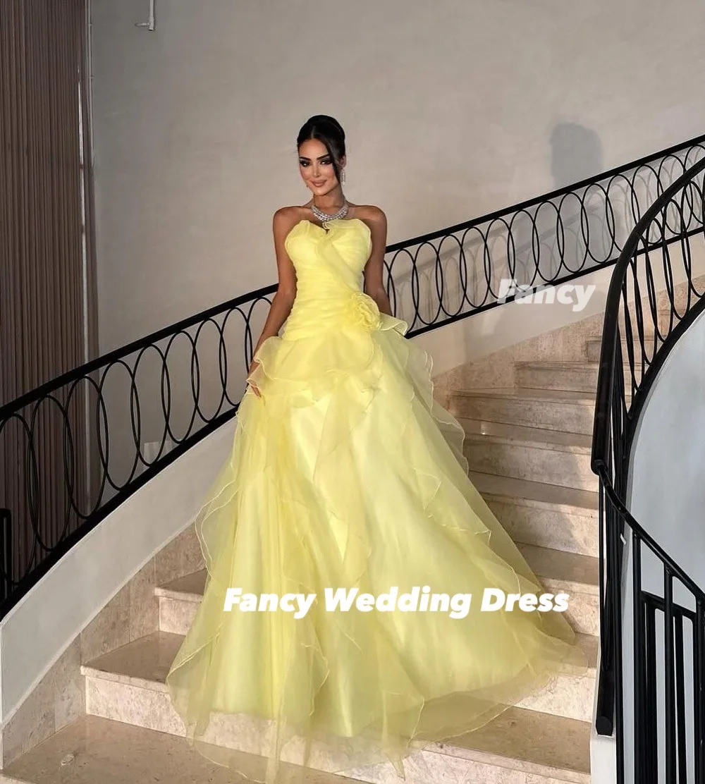 Fantaisie élégante jaune une ligne robe de soirée Organza sans manches robe de bal longueur de plancher dos Corset personnalisé