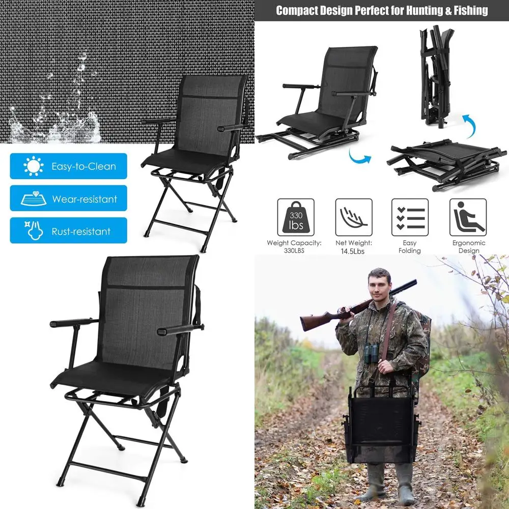 

Вращающееся на 360 градусов охотничье кресло, складное кресло для засидки с подлокотниками и сетчатой спинкой, с нескользящими накладками на ножки и стальным каркасом