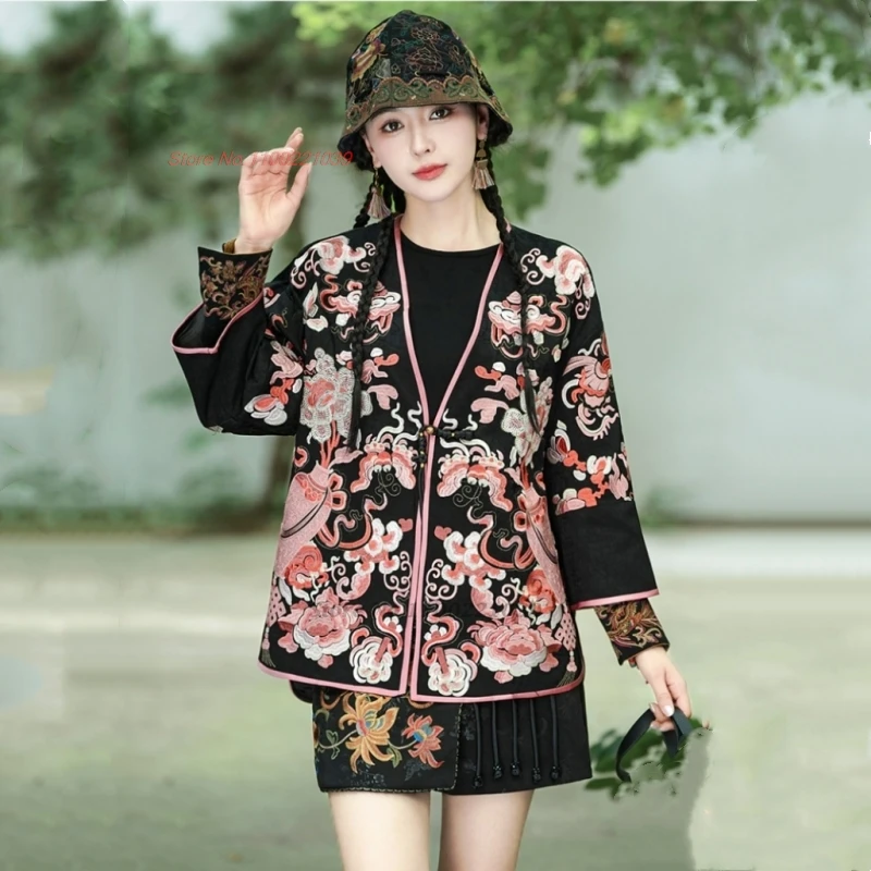 2024 traditional chinese vintage coat national flower embroidery hanfu tops retro v-neck jacket ethnic folk cardigan streetwear