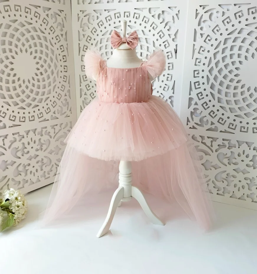 Customizable High-Low Puffy Baby Girls Dress for Birthday Party Wedding Big Bow Infant Girl 1st Birthday Baby Set Princess Dress