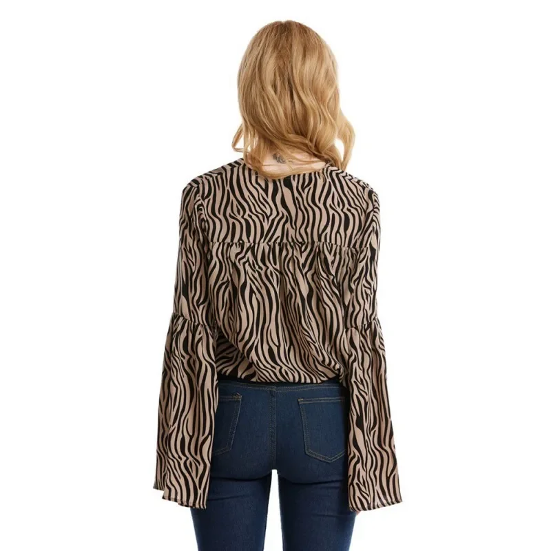 Summer Women Sexy V-Neck Zebra Print T-Shirts Tops Streetwear Women New Long Sleeves Loose Casual Daily Black Tshirts Tops 2024