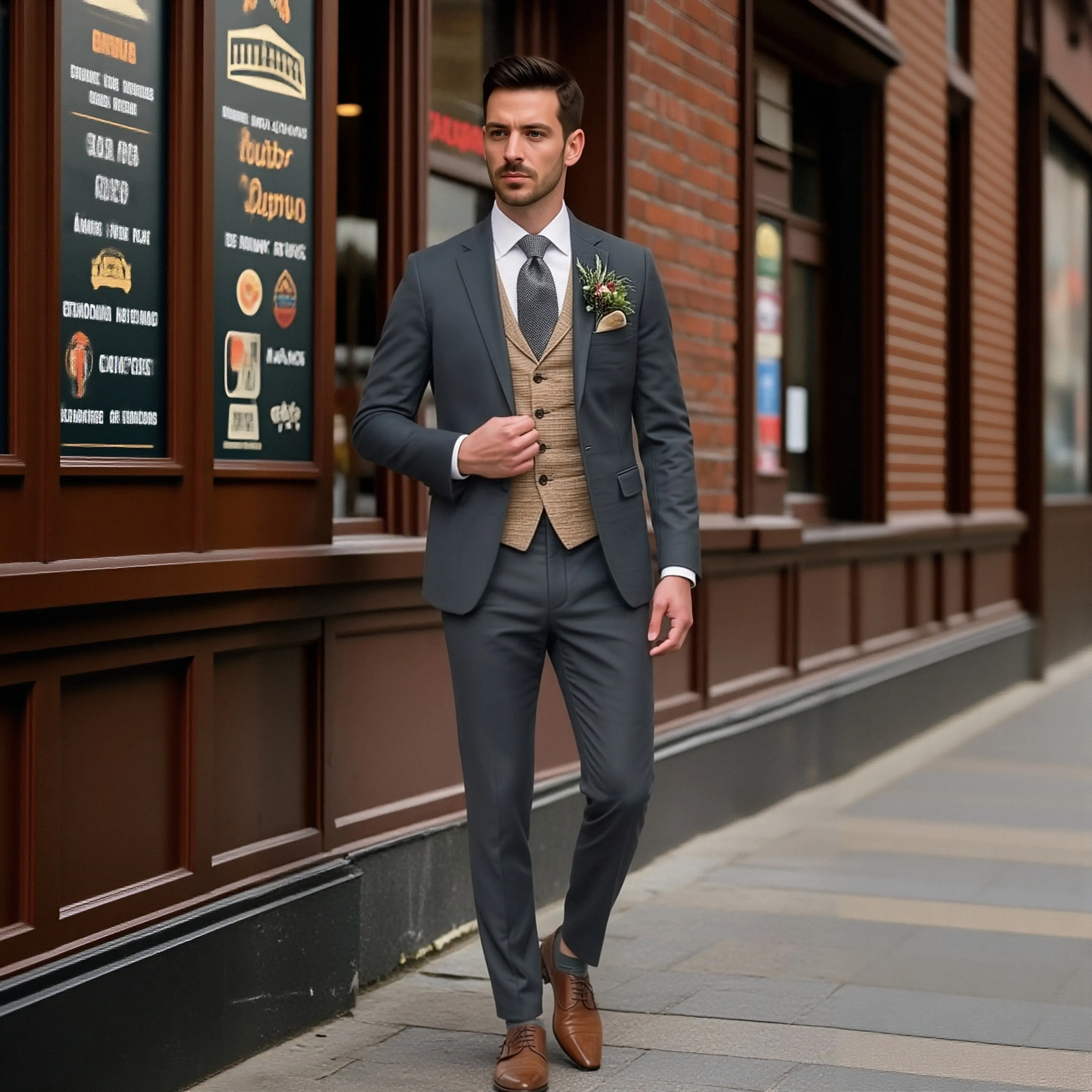 

OPEODLY Men Custom Tailored Slim Fit Three Piece Suit Tuxedo Wedding Business Formal Blazer Vest Pants