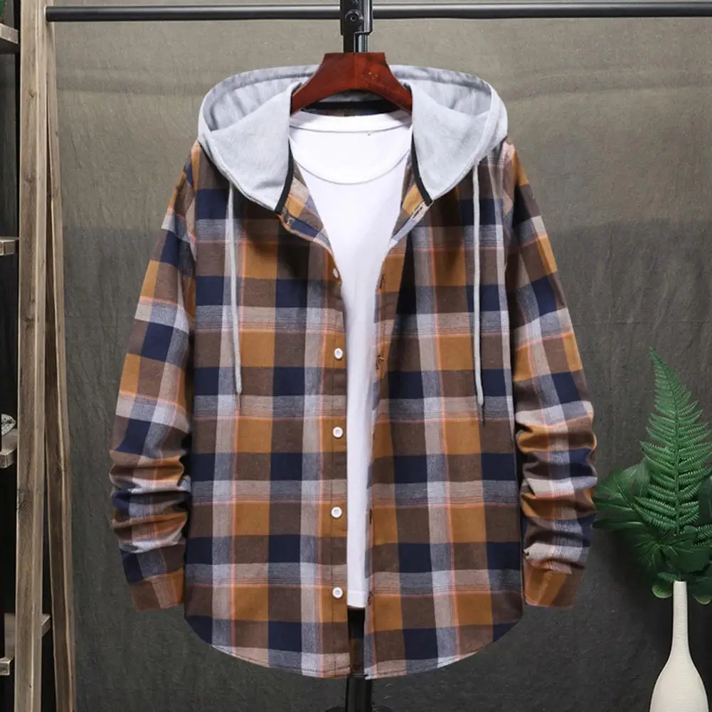 Men Casual Plaid Print Flannel Shirt Hooded Oversized Casual Shirt Men'S Clothes European American Style Handsome Holiday