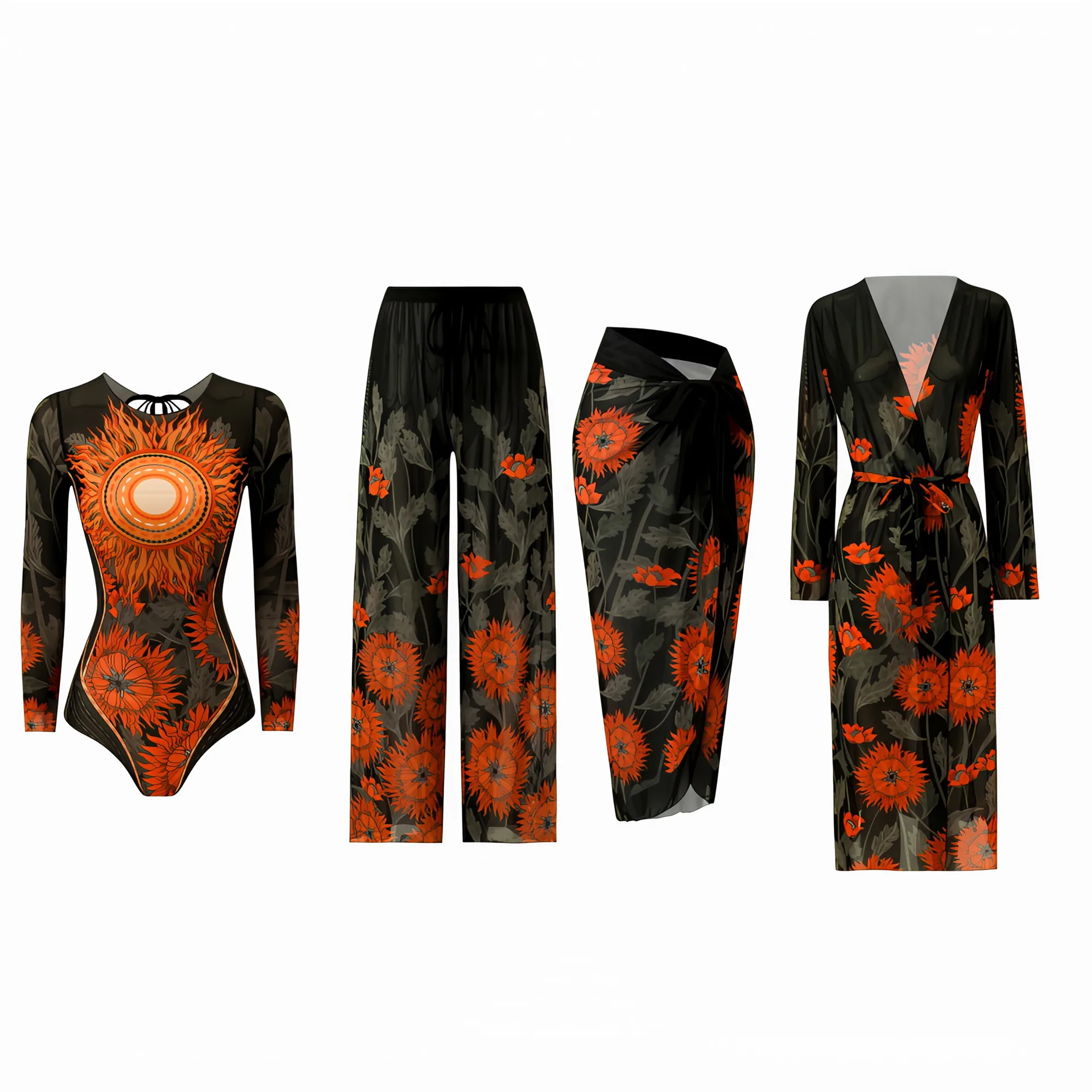 2026 New Women 4Pcs Mermaid Scale Print Swimwear Set Long Sleeve Mesh Rash Guard + Beach Cover Up Robe Wrap Skirt Wide Leg Pants