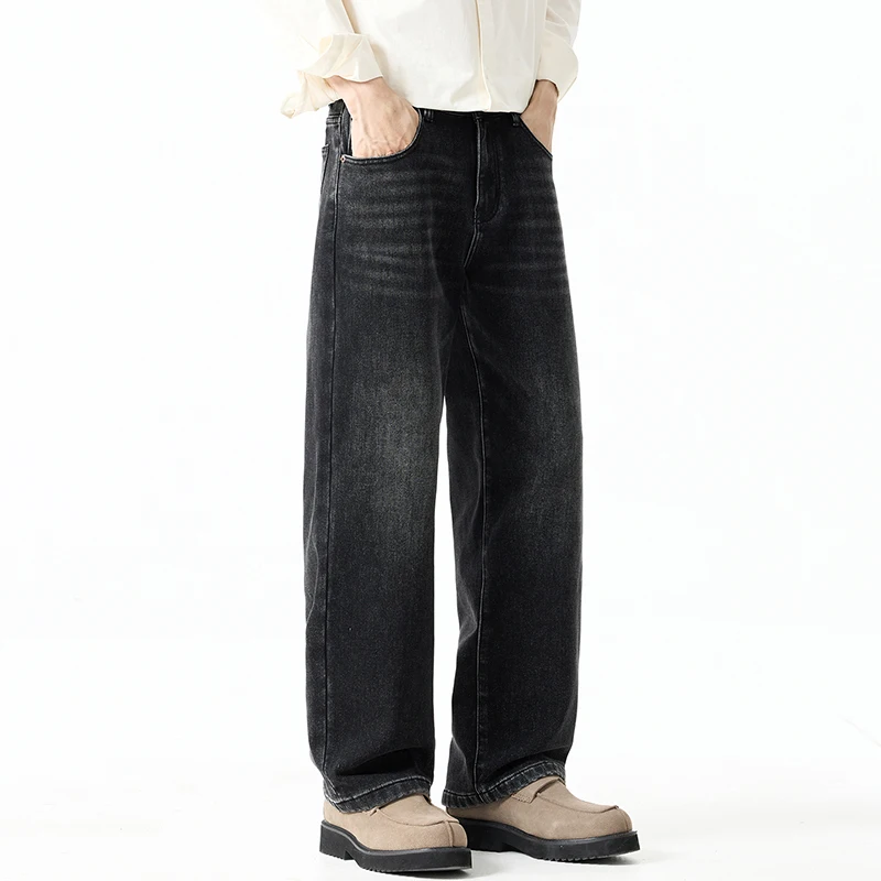 KSTUN Men's 2026 Winter Fleece Lined Wide Leg Jeans Thickened Denim Pants High Quality Loose Straight Streetwear Black Trousers