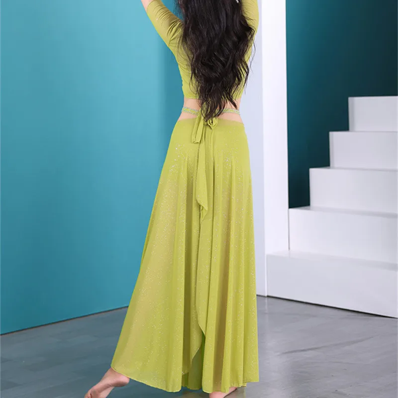 Jupe longue fendue sur deux côtés, vêtements d'entraînement de danseuse orientale, fil d'eau scintillant, vêtements d'entraînement avec short, ceinture de taille L