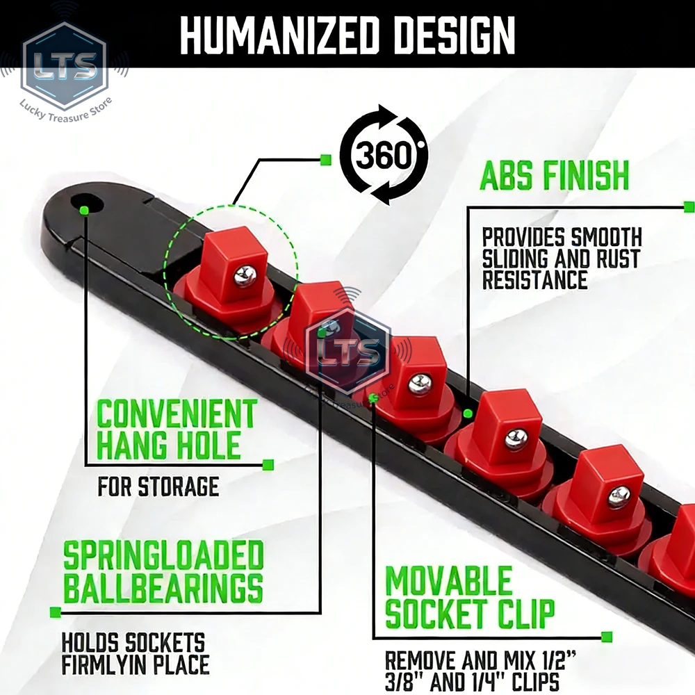 ABS Socket Organizer 360° Swivel 1/4Inch 3/8Inch 1/2Inch Premium Quality Socket Clip Rail Holder socket organizer tools Red