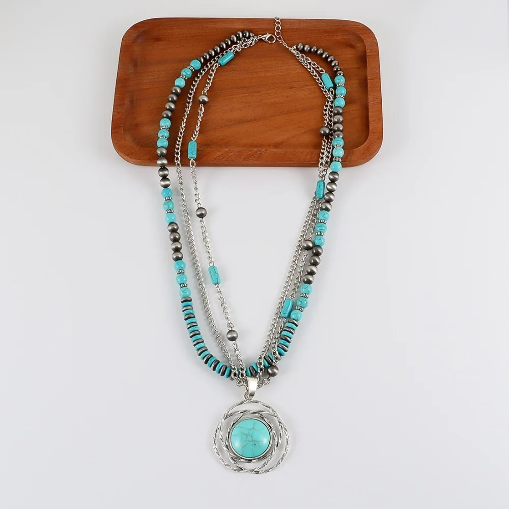 Fashion Bead Multilayer Turquoise Necklace Cactus Ethnic Style Beach Choker Pendant Stacked Western Country Necklace Festival