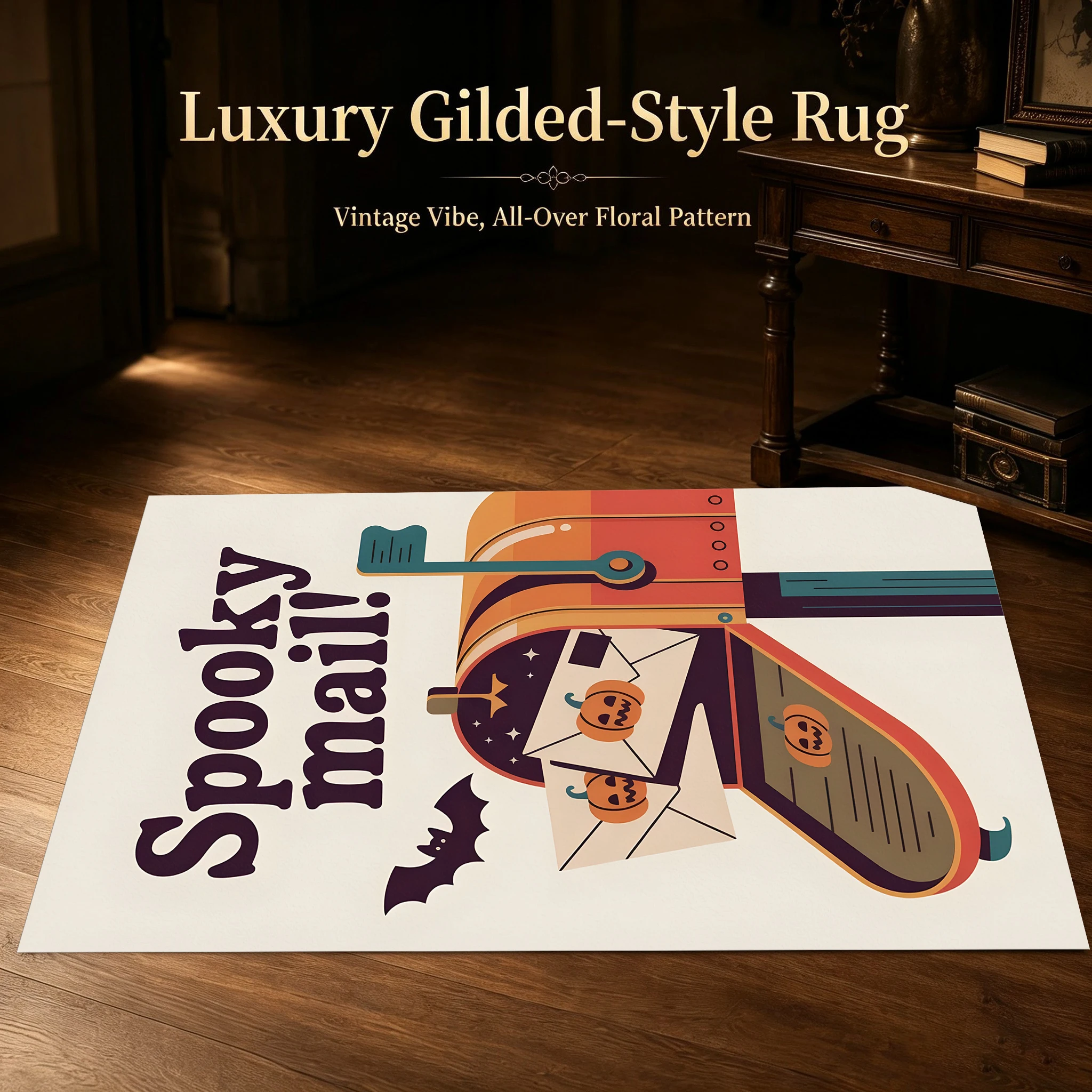 Cartoon Pumpkin Ghost Bat Halloween Slogan Velvet Area Rug, for Living Room Entryway Bedroom, Autumn Winter