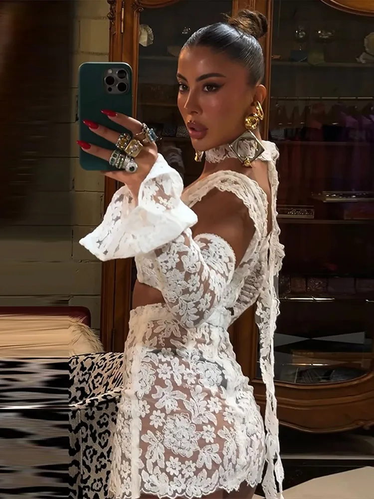 Conjunto de falda calada de encaje para mujer, Top corto con cinta y cuello cuadrado, minifalda dividida, traje femenino de verano 2025