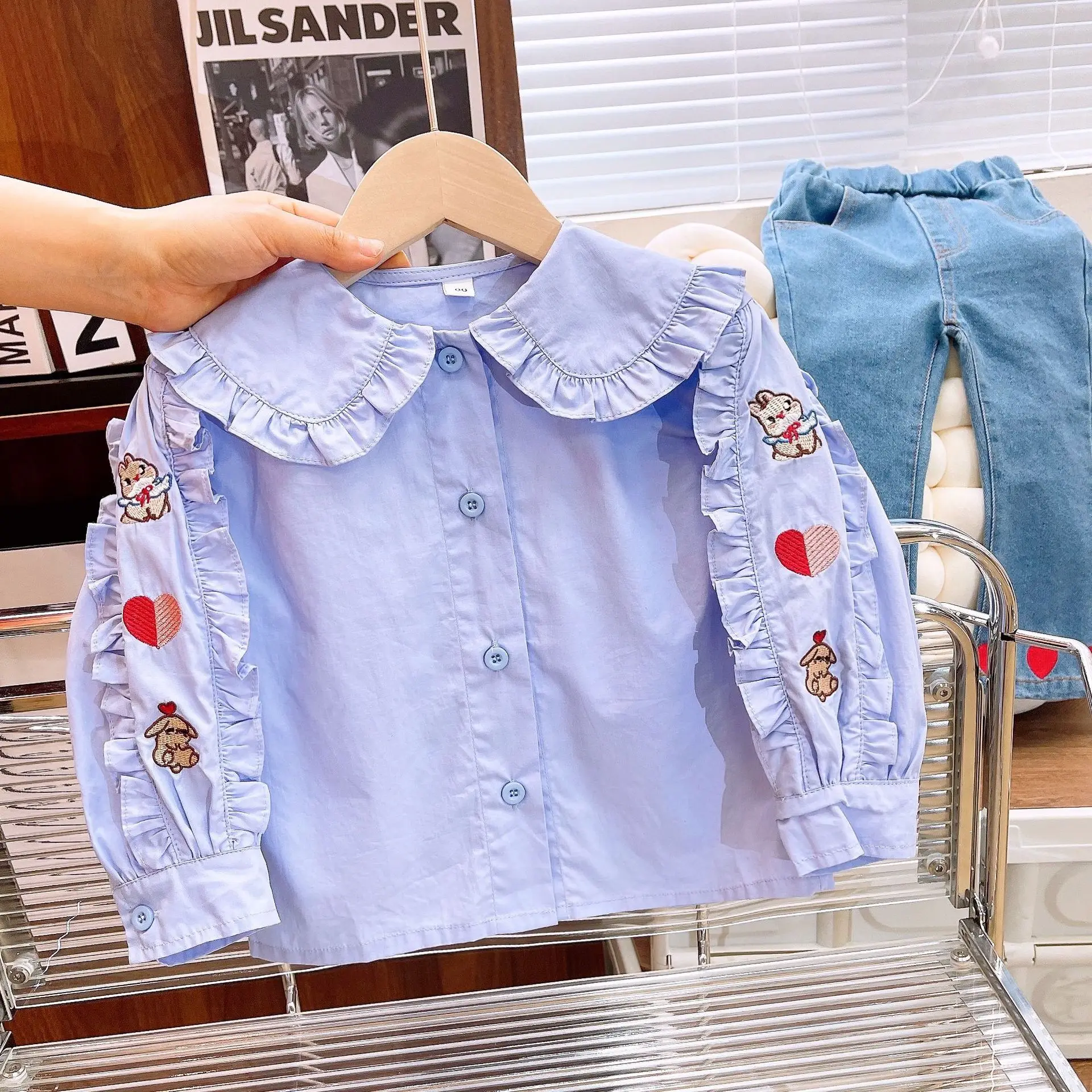 Spring New Girls\' Clothing Set Autumn Folded Edge Flip Collar Long sleeved Cute Shirt+Love Embroidered Jeans Fashion Kids Outfit