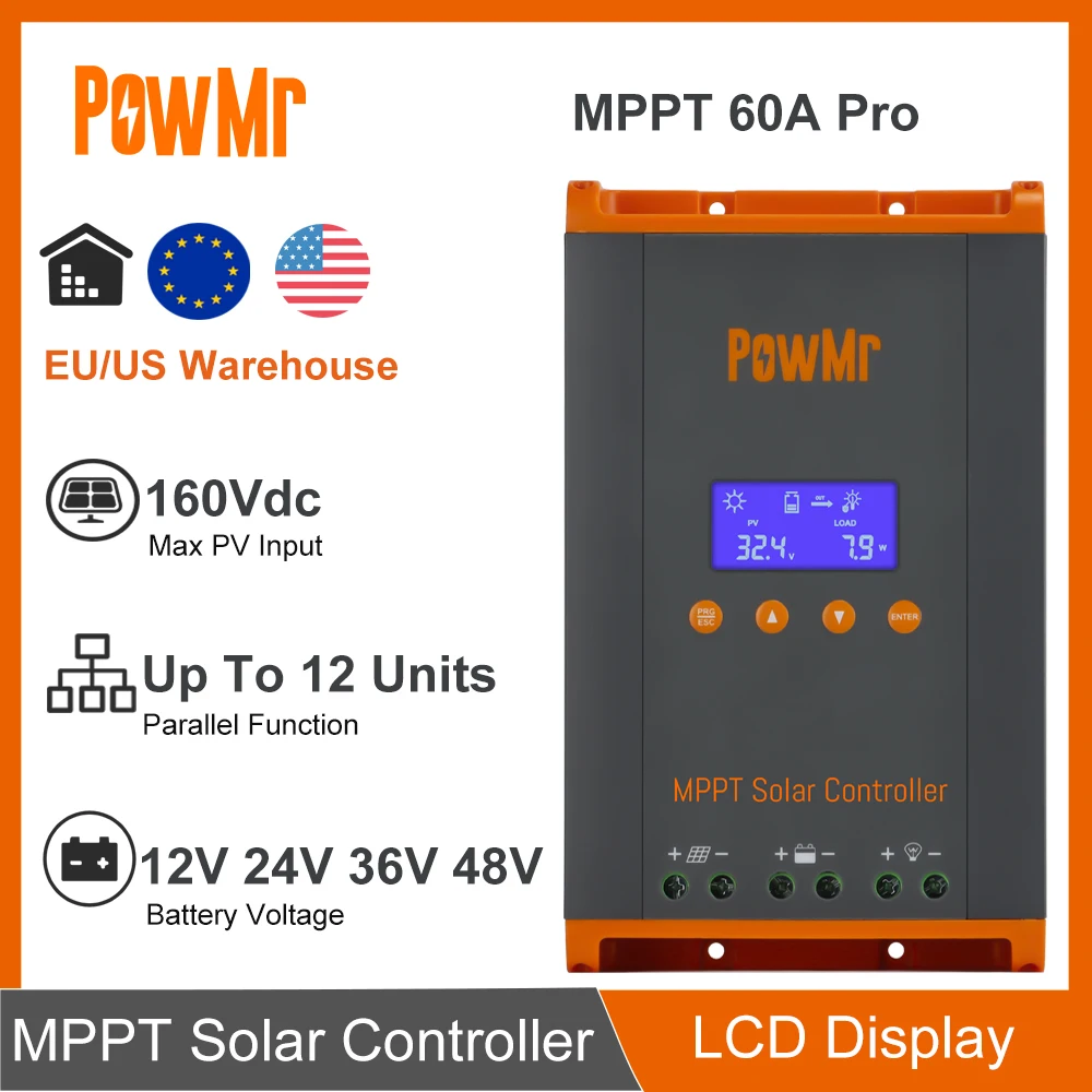 Powmr Nieuwe 60a Mppt Zonne-Energie Laadregelaar 12V/24V/36V/48V Lcd Dispaly Max Zonnepaneel Pv 160V Ondersteuning Parallel En Max 12 Eenheden