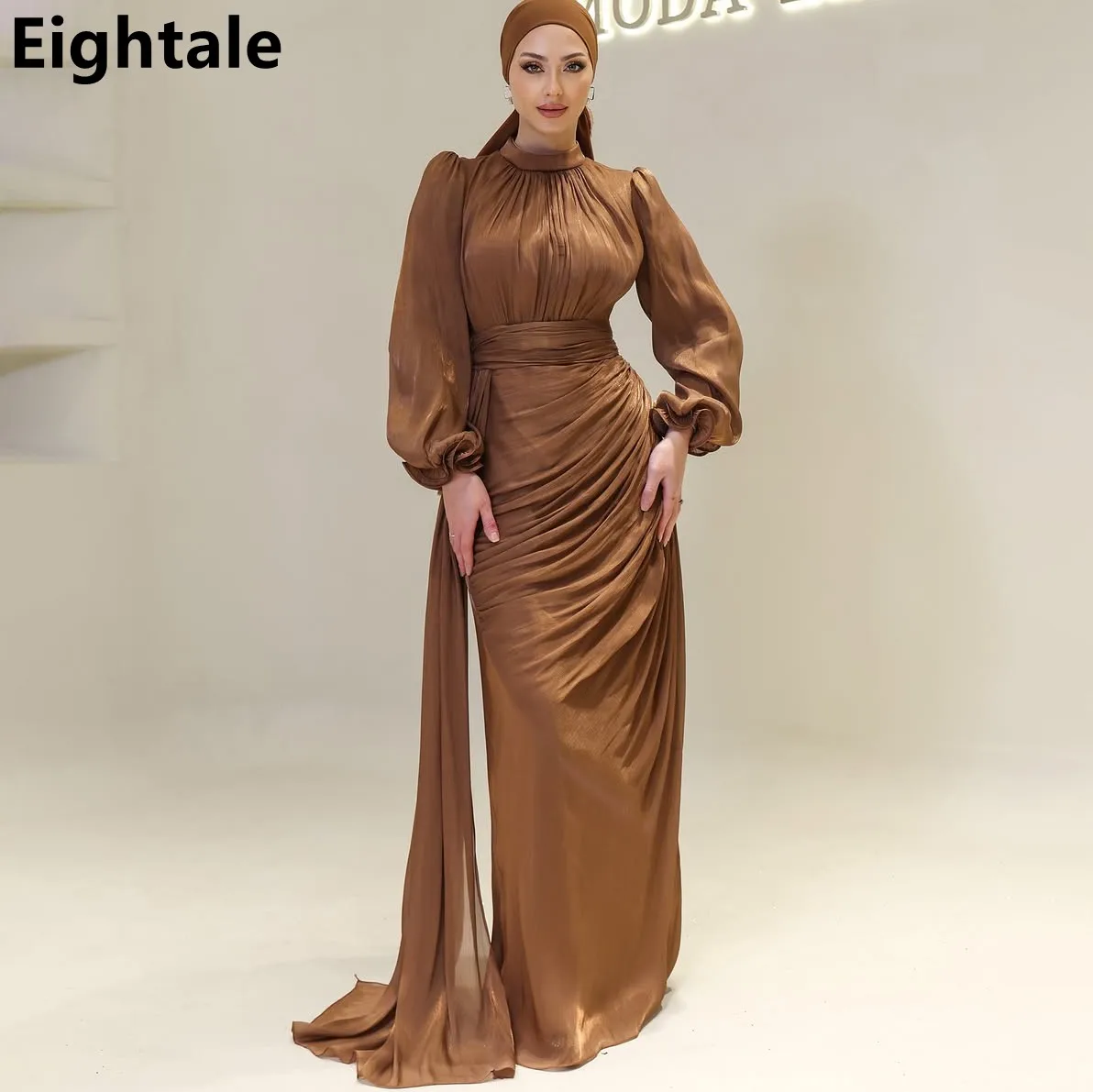 Eightale 2025 Brown Long Sleeve Evening Dress For Wedding Party Saudi Arabic Prom Dress Dubai Party Gown Customized