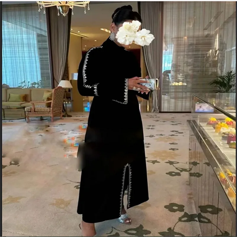 사우디 블랙 하이넥 프롬 드레스 긴팔 A라인 이브닝 드레스 베스티도스 데 노체 비딩 프롬 드레스 맞춤 제작