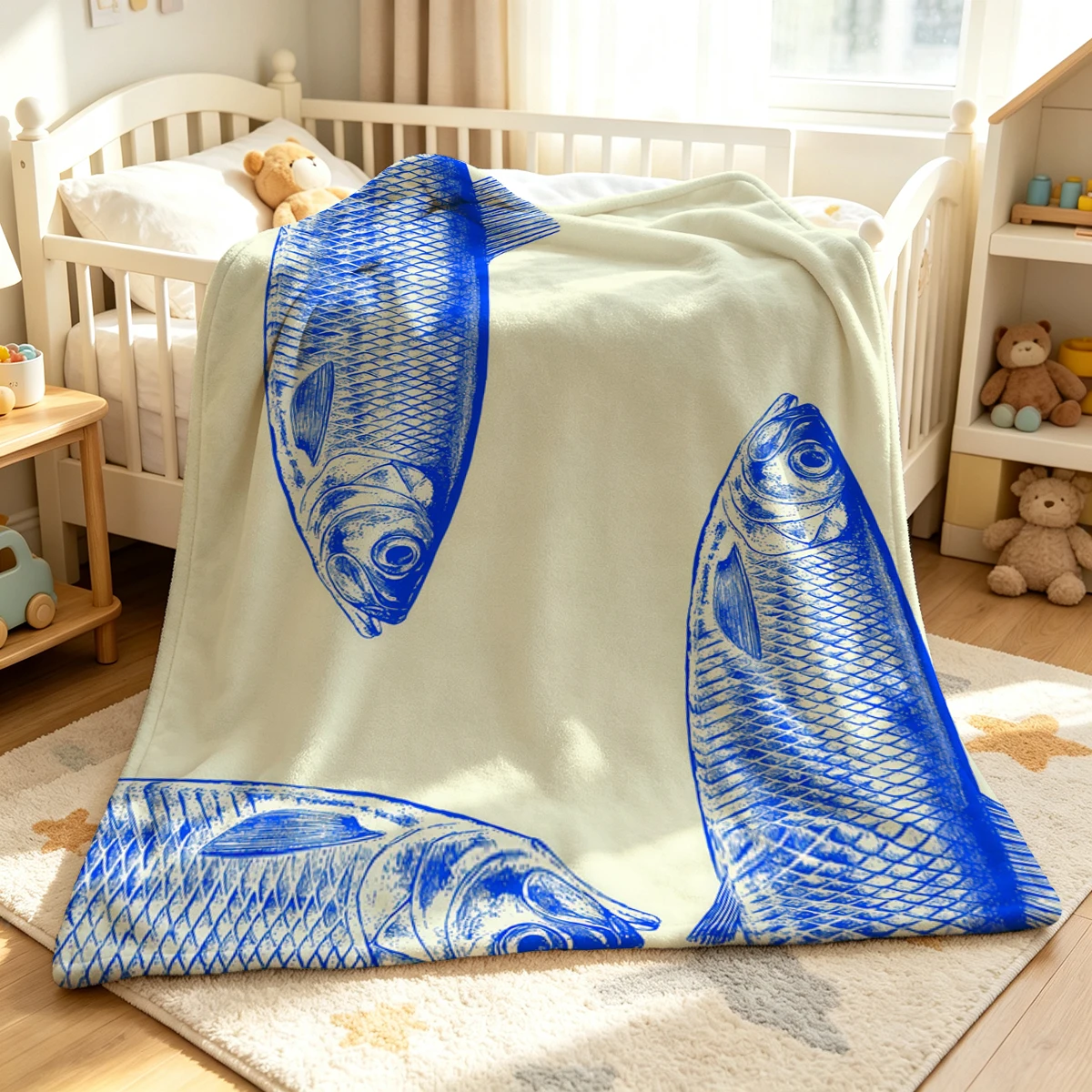 Blue Fish Flannel Blanket Warm Soft Halloween Christmas Couch Warm Cozy Decorative Decor Gift for All Season
